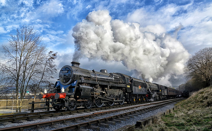 black steam engine train, the way, smoke, train, the engine, cars, railroad, HD wallpaper