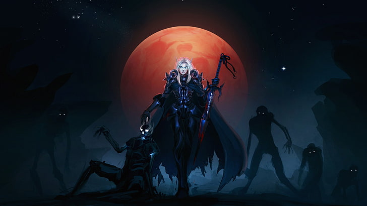 женщина, держащая меч, иллюстрация, World of Warcraft, Рыцарь смерти, Эльф крови, фэнтезийная девушка, видеоигры, HD обои