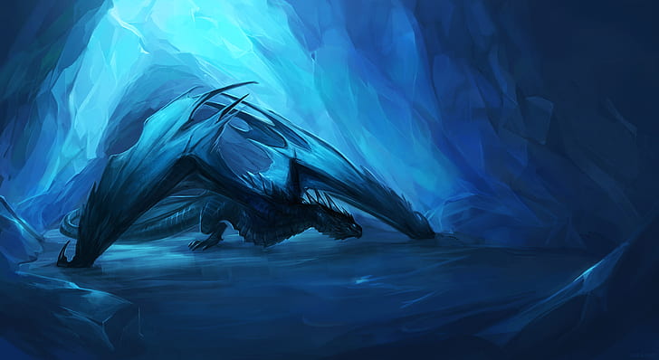 Fantasy, Dragon, Blue, Cave, HD wallpaper