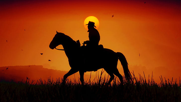 Red Dead, Red Dead Redemption 2, Cowboy, Horse, Silhouette, Western, HD тапет