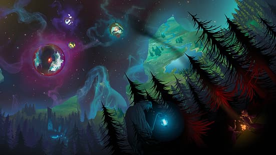 Outer Wilds, научна фантастика, космос, произведения на изкуството, дървета, небе, HD тапет HD wallpaper