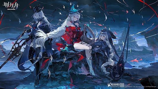 video games, video game characters, Arknights, Skadi(Arknights), Specter(Arknights), Gladiia(Arknights), white hair, long hair, red eyes, water, cliff, church, HD wallpaper HD wallpaper