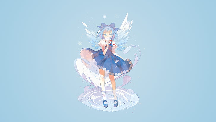 Anime, Touhou, Cirno, Flügel, Anime Mädchen, blaue Augen, Haarschleifen, blaues Kleid, HD-Hintergrundbild