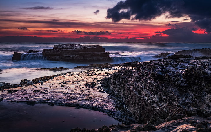 Manly Sunrise, Австралия, manlybeach, природа, фотография, червен, скалист бряг, морски пейзаж, небе, залез, Сидниавстралия, HD тапет