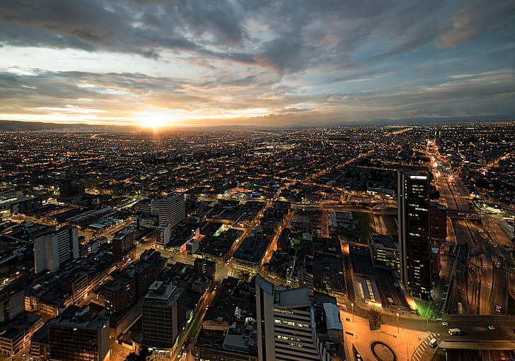 aerial view of city during sunset, Flat, Bogotá, aerial view, Architecture, Building, City, Cityscape, Clouds, Colombia, Commons, D750, Lights, Nikon, Road, Rokinon, Sky, Skyline, Sunrays, Sunset, Torre Colpatria, Urban, urban Skyline, night, skyscraper, dusk, downtown District, urban Scene, famous Place, tower, building Exterior, HD wallpaper