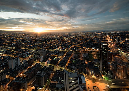 aerial view of city during sunset, Flat, Bogotá, aerial view, Architecture, Building, City, Cityscape, Clouds, Colombia, Commons, D750, Lights, Nikon, Road, Rokinon, Sky, Skyline, Sunrays, Sunset, Torre Colpatria, Urban, urban Skyline, night, skyscraper, dusk, downtown District, urban Scene, famous Place, tower, building Exterior, HD wallpaper HD wallpaper