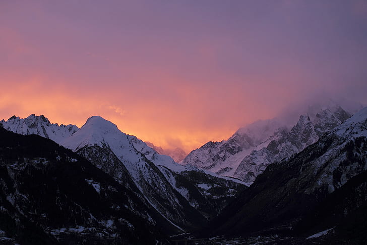 snow covered mountain during sunset scenery, mont blanc, mont blanc, Mont Blanc, Skyfire, snow, covered, mountain, sunset, scenery, Alpine, Alps, Aosta, Blanc, cloudy, Courmayeur, Europe, evening, fire, hotel, Italian, Italy, La Salle, landscape, Leica  m, Mont, orange, peaks, Piedmont, Piemonte, range, red, sci, sky, snowy, travel, Valle d'Aosta, village, winter, nature, mountain Peak, scenics, outdoors, HD wallpaper