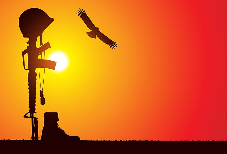 The Falling Soldier, silhouette of rifle and helmet digital wallpaper, War & Army, , red, birds, sky, yellow, flying, gun, sunset, army, hat, HD wallpaper