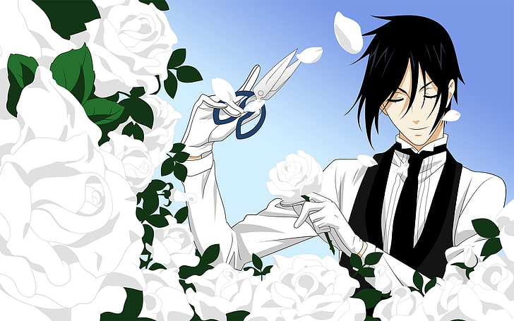 black-haired male anime character wallpaper, boy, brunette, gardener, flower, scissors, white, rose, HD wallpaper
