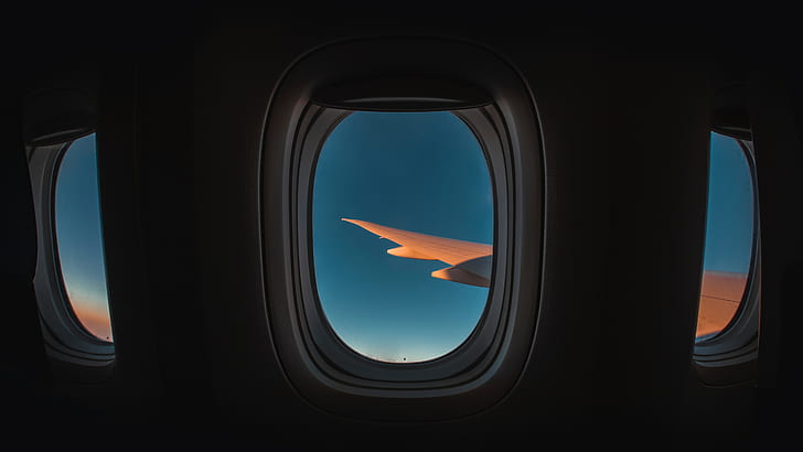 porthole, window, plane, wing, sky, flight, HD wallpaper