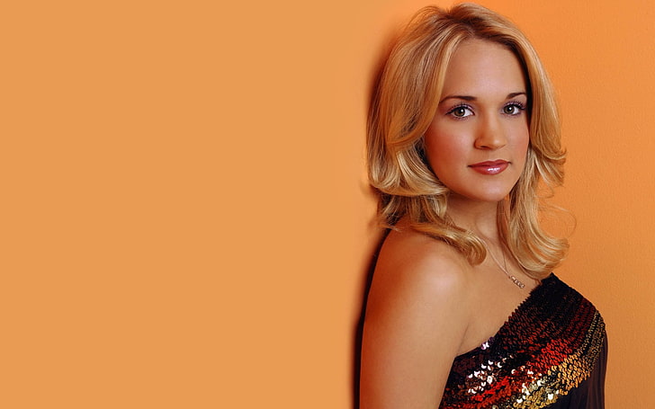 Carrie Underwood, blonde, bare shoulders, looking at viewer, singer, glitter, black dress, HD wallpaper