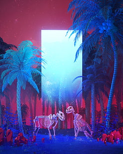 zwei Dinosaurier-Skelette, Beeple, Render, Landschaft, Monolith, Neon, Bäume, Pflanzen, Skelett, tot, HD-Hintergrundbild HD wallpaper