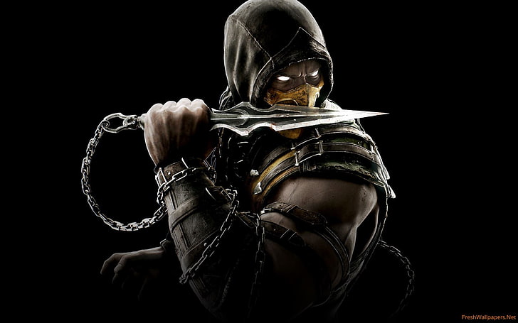 Scorpion от Mortal Combat дигитален тапет, Mortal Kombat X, видео игри, Scorpion (персонаж), качулки, вериги, HD тапет