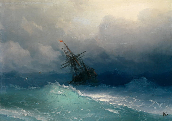 pintura, barco, tormenta, Fondo de pantalla HD