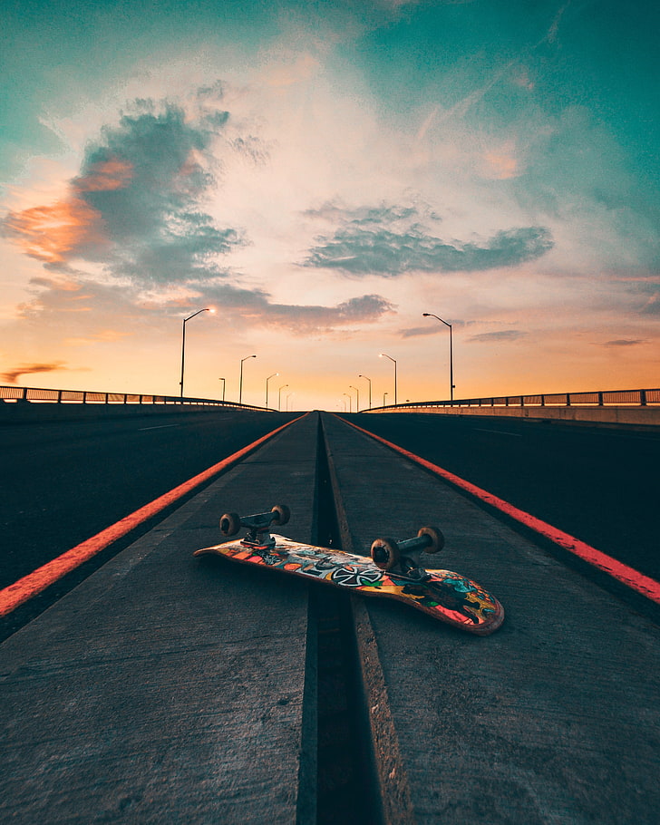 black and brown skateboard, skateboard, road, marking, sky, HD wallpaper