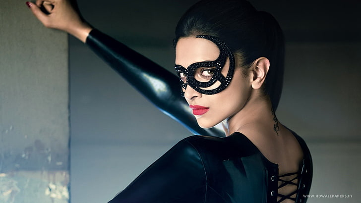woman in black leather suit and masquerade, Deepika Padukone, Bollywood actresses, actress, Indian, women, HD wallpaper