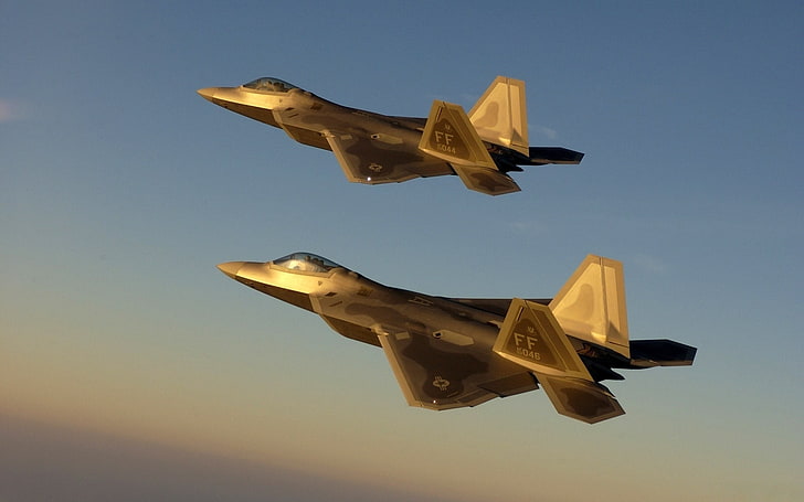 two gray-and-brown fighter jets, The sky, Clouds, Aircraft, Flight, Fighter, F-22, raptor, Multipurpose, HD wallpaper