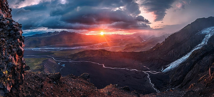 montagna sotto il cielo nuvoloso, natura, paesaggio, tramonto, Islanda, montagne, nuvole, ghiacciai, fiume, cielo, raggi del sole, nebbia, Sfondo HD