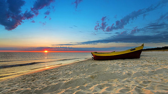 The Ocean's Tranquility, playa, océano, barco, tranquilidad, puesta de sol, 3d y abstracto, Fondo de pantalla HD HD wallpaper