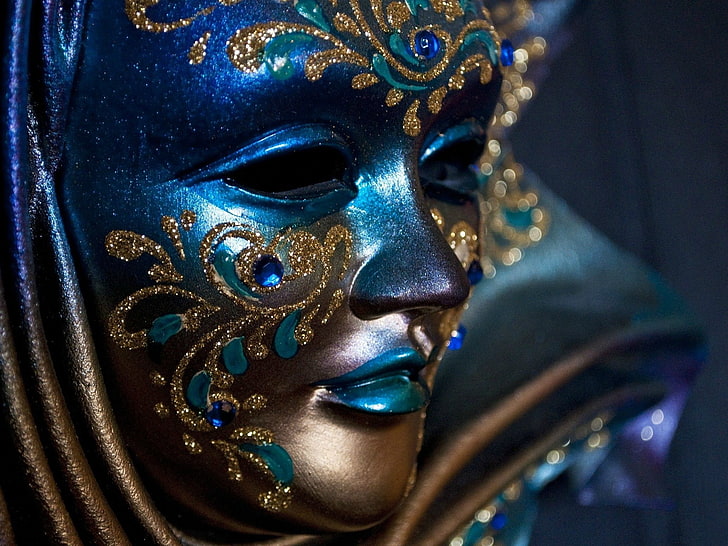 Mask, girl, golden, venice carnival, blue, HD wallpaper
