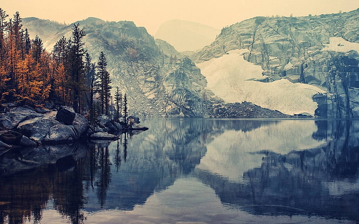 gewässer und berg wallpaper, see, winter, schnee, landschaft, bäume, felsen, natur, berge, reflexion, HD-Hintergrundbild