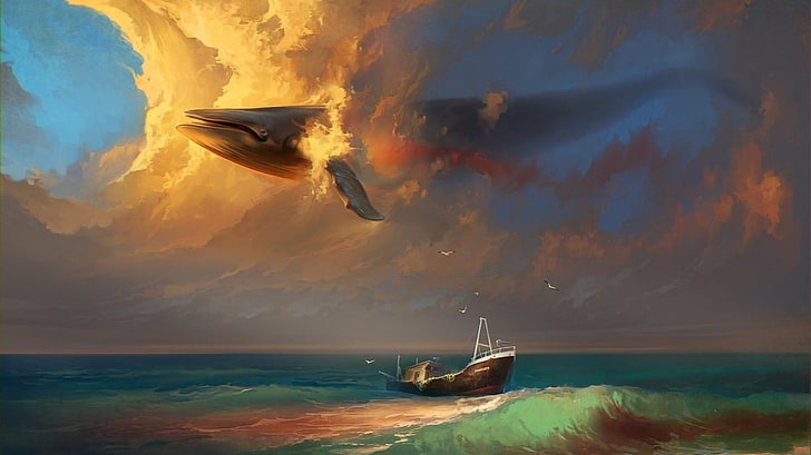 white and brown boat painting, sea, whale, flying, boat, seagulls, fantasy art, sky, animals, HD wallpaper
