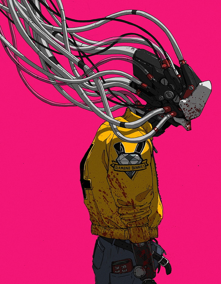 yellow, black, and gray monster animated painting, cyber, robot, androids, simple background, blood, HD wallpaper