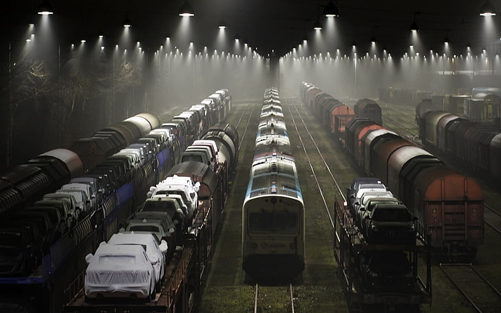 treni marroni e grigi, paesaggio, ferrovia, luci, nebbia, Danimarca, treno merci, cortile ferroviario, notte, Sfondo HD