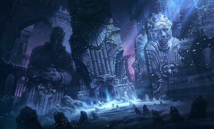 gray concrete statue game wallpaper, snow, night, stones, people, ruins, Blizzard, HP Lovecraft, illustration to the book, SRAM, Mountains Of Madness, At the Mountains of Madness, HD wallpaper