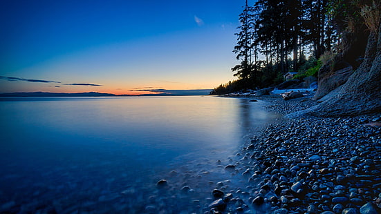 берег озера, озеро, вечер, сумерки, сумерки, спокойствие, настроение, HD обои HD wallpaper