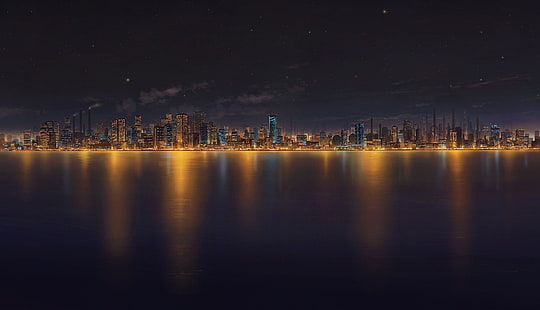 водоем, аниме, город, Япония, дорога, небо, ночь, HD обои HD wallpaper