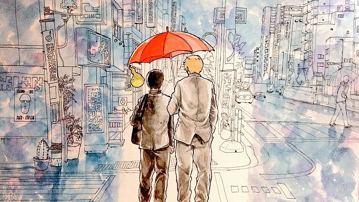 two person holding red umbrella artwork, painting, watercolor, artwork, warm colors, umbrella, people, street, building, Mob Psycho 100, Kageyama Shigeo, HD wallpaper