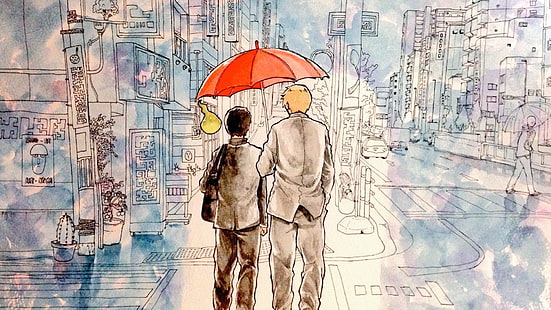 dua orang memegang karya seni payung merah, lukisan, cat air, karya seni, warna-warna hangat, payung, orang, jalan, bangunan, Mob Psycho 100, Kageyama Shigeo, Wallpaper HD HD wallpaper