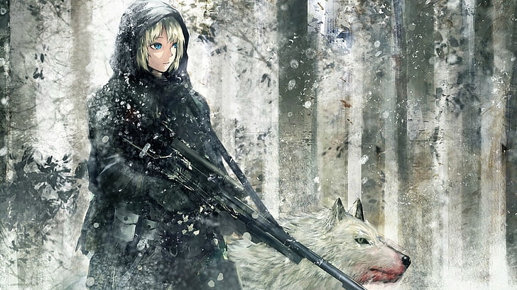 Obra de arte, pistola, lobo, chicas anime, nieve, ametralladora, Fondo de pantalla HD
