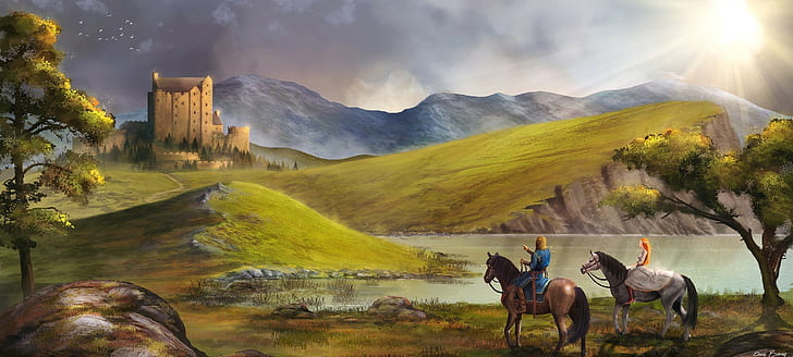 Fantasy, Prince, Princess, Horses, Hills, River, green mountain illustration, fantasy, prince, princess, horses, hills, river, HD wallpaper