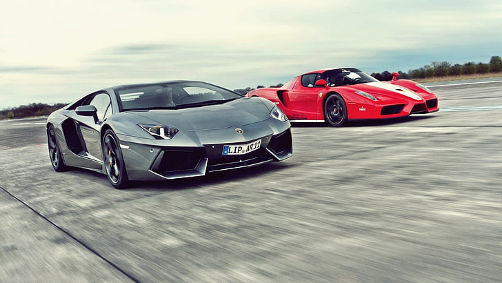 สปอร์ตคูเป้สีเทาและสีแดงสองคัน, ถนน, การแข่งขัน, สตริป, ความเร็ว, เฟอร์รารีเอนโซ, ไฮเปอร์คาร์, Lamborghini LP700-4 Aventador, วอลล์เปเปอร์ HD