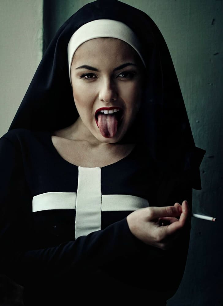 nun, women, model, cross, cigarettes, tongue out, tongues, looking at viewer, natural light, young woman, lipstick, red lipstick, dark eyes, open mouth, HD wallpaper