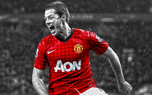 Javier Hernandez, męska czerwona koszulka piłkarska Nike Aon, Chicharito, Manchester United, piłkarz, Tapety HD HD wallpaper