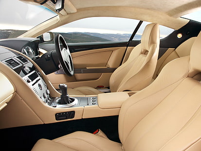 beige vehicle interior, aston martin, db9, 2006, beige, interior, salon steering wheel, speedometer, HD wallpaper HD wallpaper