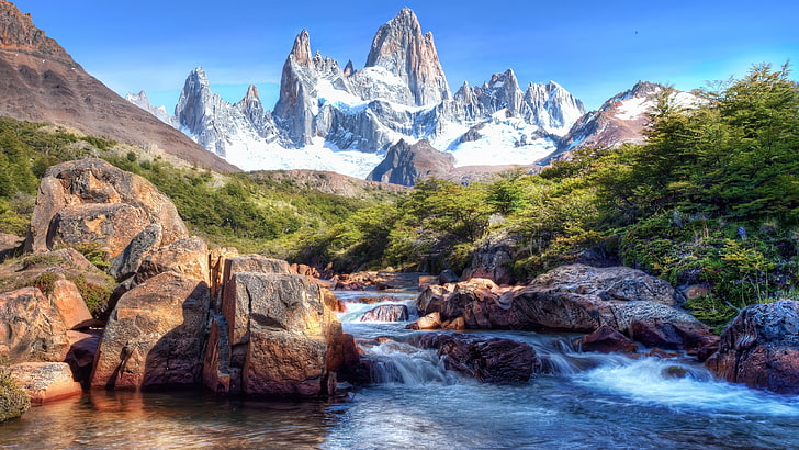 stream, argentina, south america, fitz roy, landscape, river, monte fitz roy, rock, los glaciares national park, nature, water, patagonia, mount scenery, national park, cerro fitzroy, mountain, cerro chalten, wilderness, HD wallpaper
