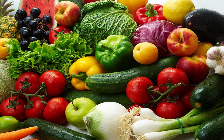 Verdure, frutta, pomodori, freschi, mele, cetriolo, aglio, sano, cibo, verdure, frutta, pomodori, freschi, mele, cetriolo, aglio, sano, Sfondo HD