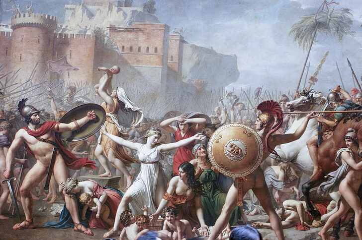 women and men at war near castle painting, children, sword, army, spear, shield, roma, warriors, Empire, women, Rome, the feud, the artist Jacques-Louis David, child, 