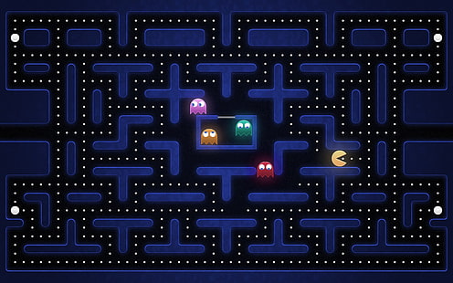 Pac-man oyun uygulama ekran görüntüsü, video oyunları, Pacman, retro oyunlar, mavi, dijital sanat, HD masaüstü duvar kağıdı HD wallpaper