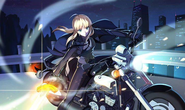 woman riding motorcycle illustration, Fate Series, anime, anime girls, sword, motorcycle, Saber, Fate/Zero, HD wallpaper