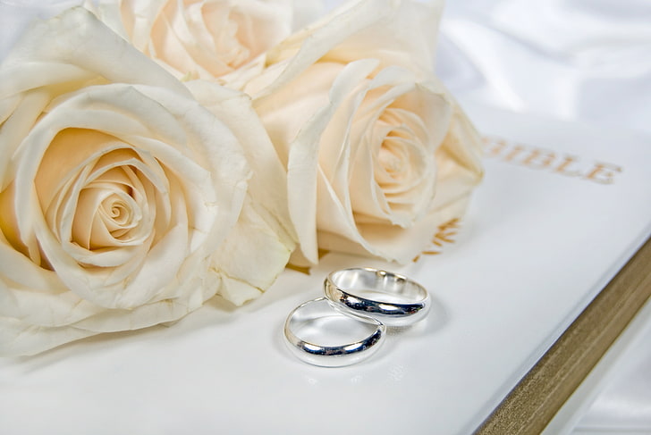anello di coppia color argento, fiori, anelli di fidanzamento, fedi nuziali, Sfondo HD