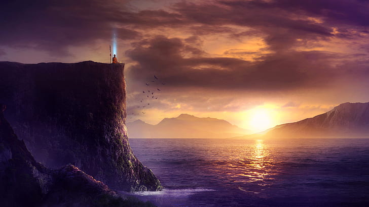 Медитирайте Sunset Cliff Ocean HD, фантазия, океан, залез, скала, медитирайте, HD тапет