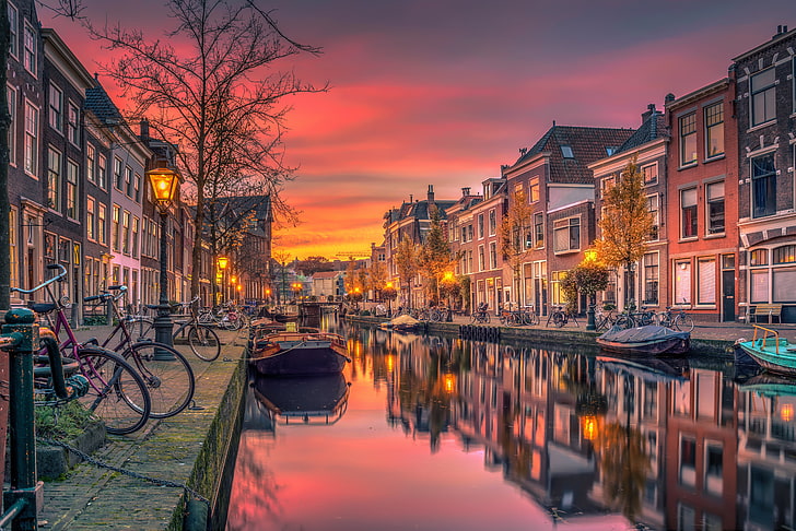 дома на берегу реки с лодки, живопись, нидерланды, голландия, канал, река, здания, HD обои