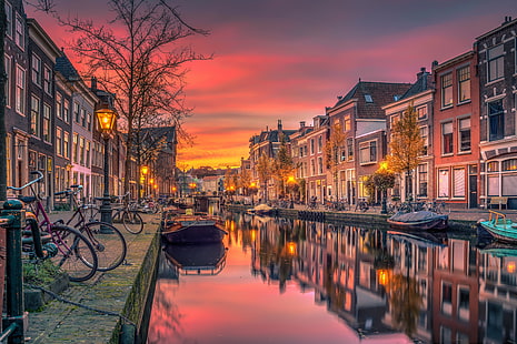 teknelerin boyandığı bir nehrin yanındaki evler, hollanda, hollanda, kanal, nehir, binalar, HD masaüstü duvar kağıdı HD wallpaper