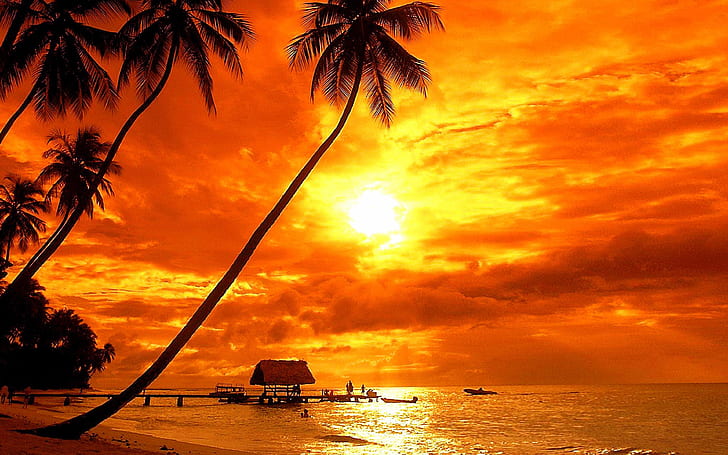 Bora Bora Tropical Sunset Beach Палмови дървета Red Sky Clouds Ultra Hd 4k Wallpaper за настолен лаптоп Таблет Мобилни телефони и телевизия 3840х2400, HD тапет