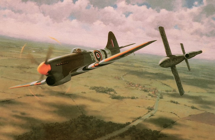 war, art, painting, drawing, ww2, british aircraft, the hawker tempest, v1 bomb, HD wallpaper